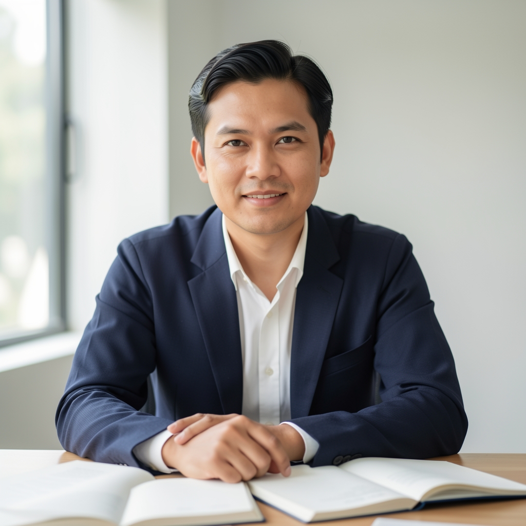 Editorial portrait of the Raldovan journal founder seated at a desk in a minimalist Jakarta studio with natural light and open notebooks