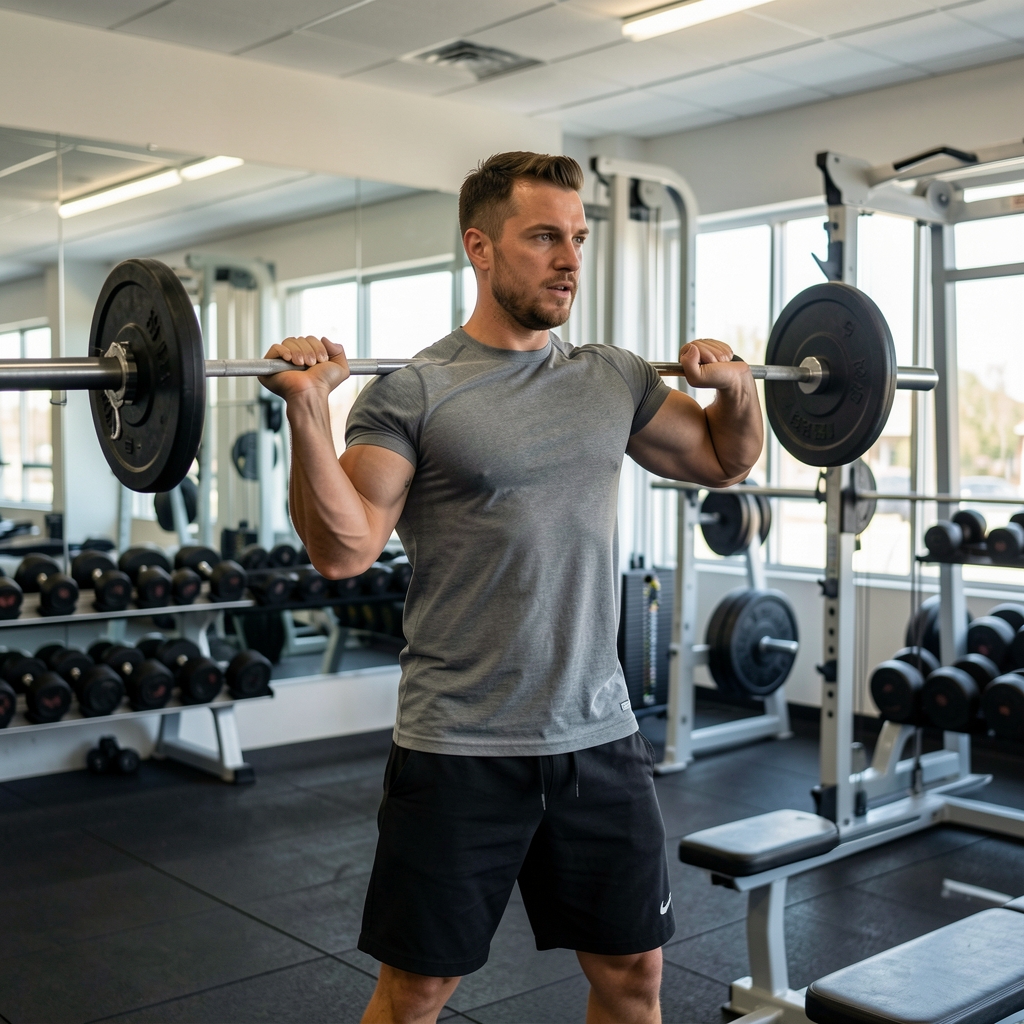 Man lifting weights in a well-lit gym environment focusing on compound movement with proper form