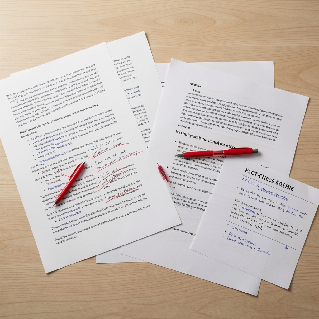 Flat-lay of printed editorial review documents, red pen annotations, and fact-checking notes spread on a light wooden desk under studio lighting