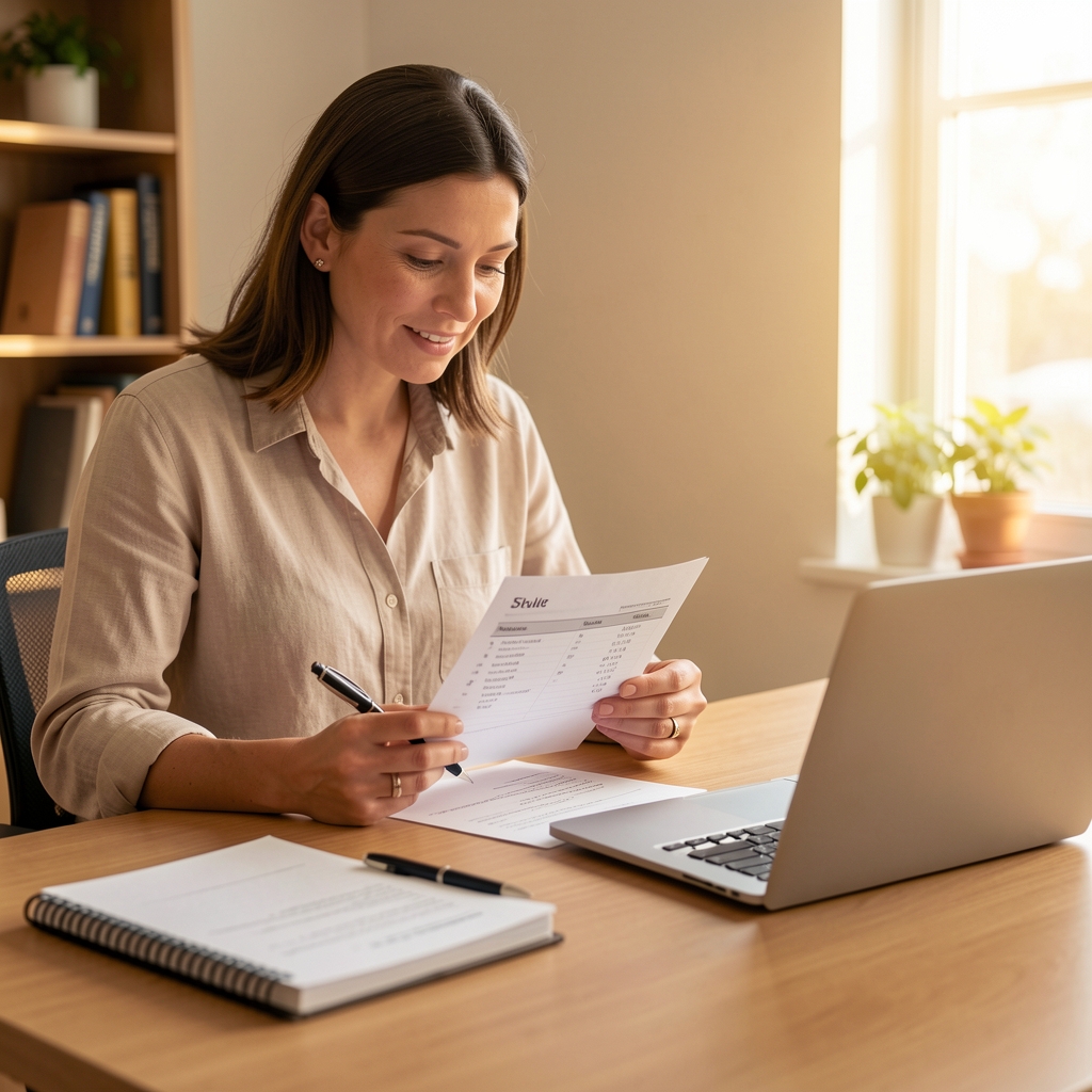 Nutrition professional reviewing printed dietary analysis notes at a workspace under warm studio lighting with notebooks and a laptop