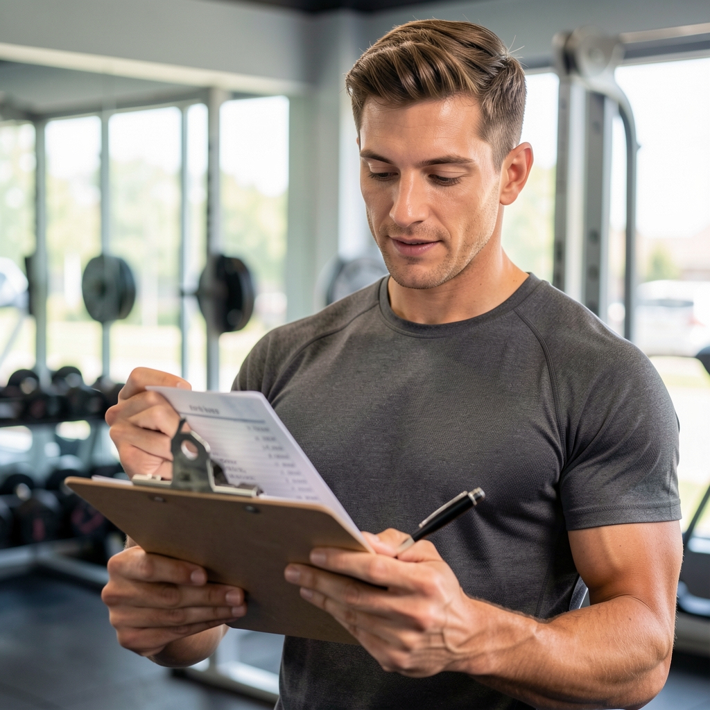 Fitness trainer in an open gym reviewing a training log on a clipboard with exercise equipment in the background under bright clean light