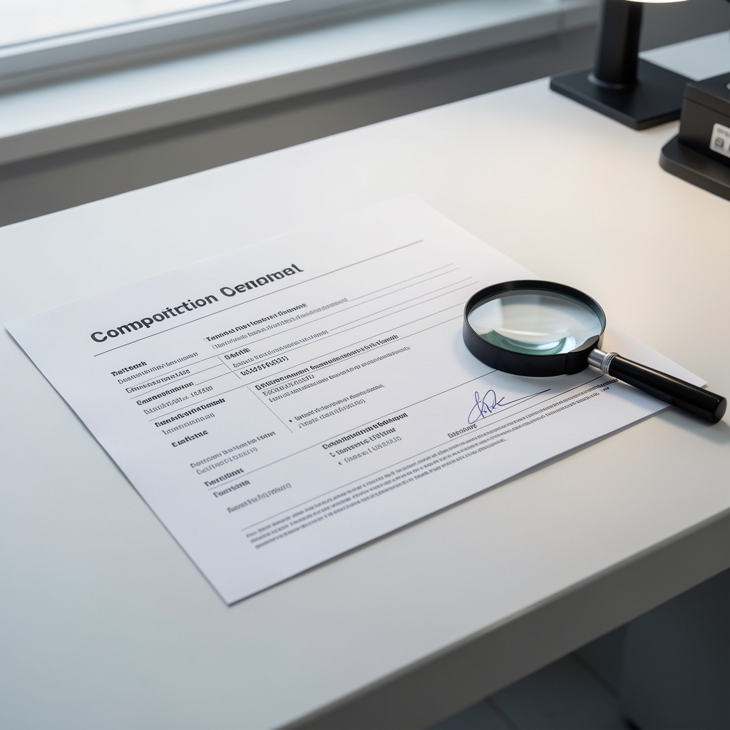Quality control workspace with printed batch composition certificates laid flat on a clean desk alongside a magnifying glass under controlled lighting