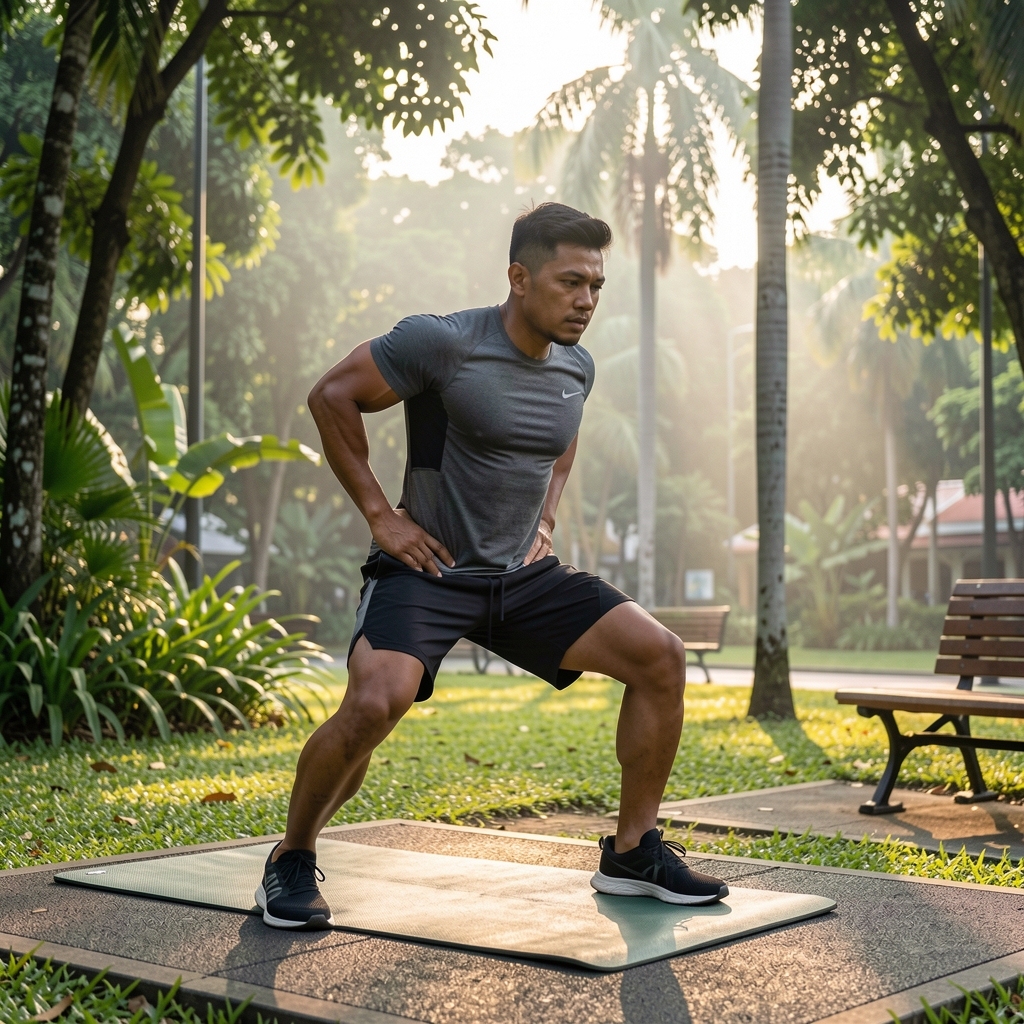 Man performing functional bodyweight training outdoors in Jakarta park surrounded by greenery at early morning light